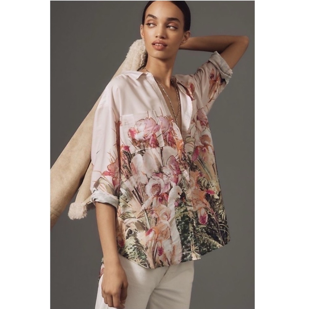 Anthropologie Botanical Garden Swan Button Down Shirt Medium Pink